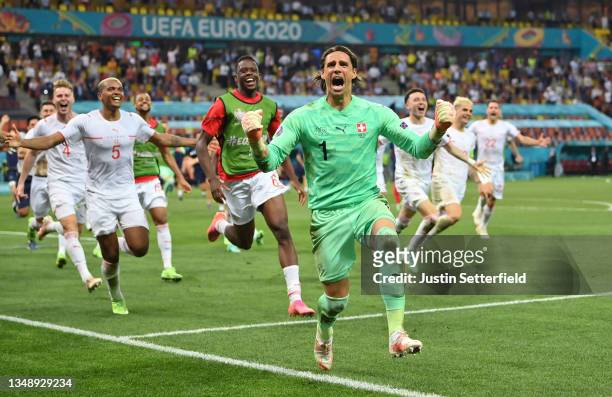 Yann Sommer of Switzerland celebrates after saving the decisive penalty taken by Kylian Mbappe of France to win the UEFA Euro 2020 Championship Round...