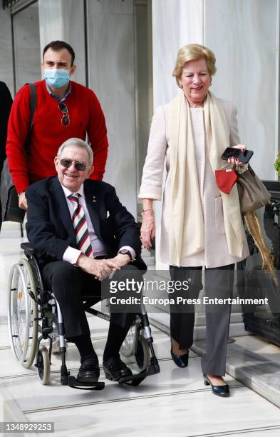 King Constantine and Queen Anne-Marie of Greece leave the hotel where they stayed after attending the wedding of Philippos of Greece and Nina Flohr...