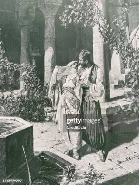oriental rendezvous - middle eastern couple stock illustrations