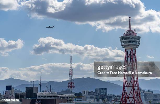 the airplane flying over fukuoka city of japan - fukuoka prefecture stock pictures, royalty-free photos & images
