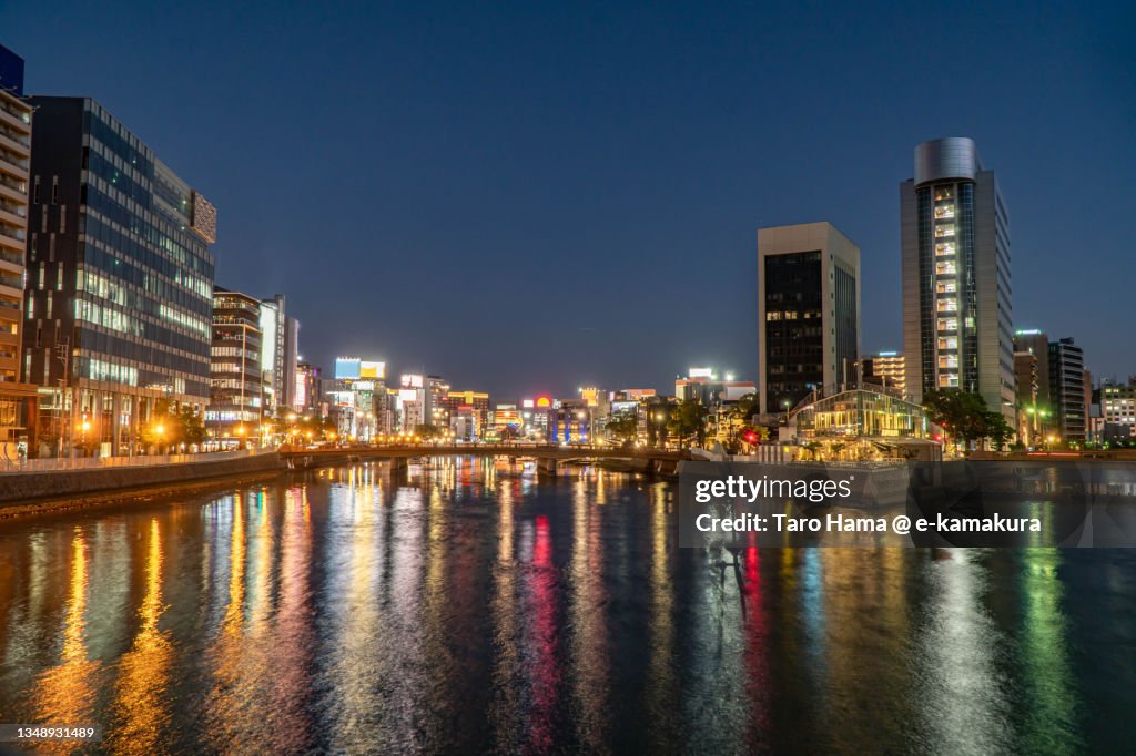 Illuminated riverbank in Fukuoka city of Japan