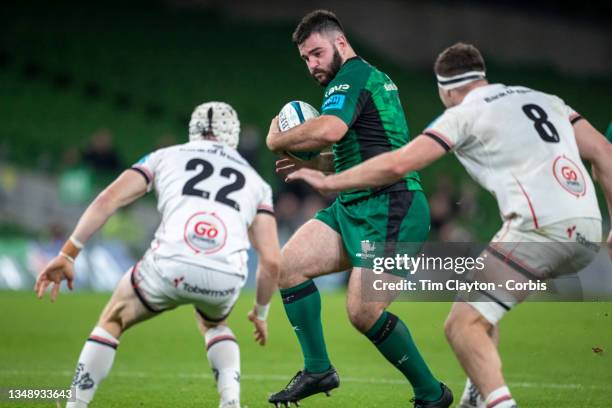 October 23: Matthew Burke of Connacht defended by Michael Lowry of Ulster and David McCann of Ulster during the Connacht V Ulster, United Rugby...