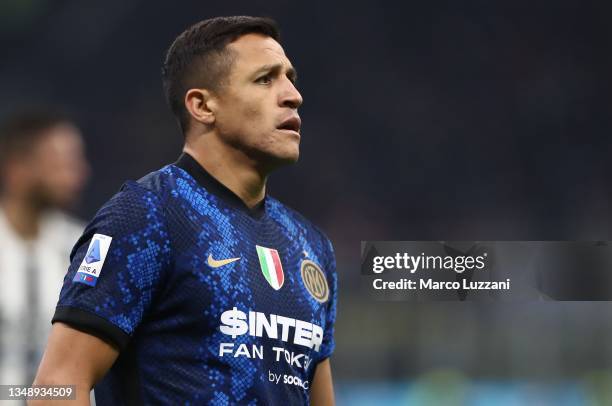 Alexis Sanchez of FC Internazionale looks on during the Serie A match between FC Internazionale and Juventus at Stadio Giuseppe Meazza on October 24,...