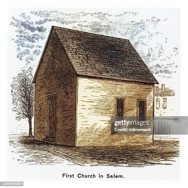 old engraved illustration of first church in salem - salem virginia stock-fotos und bilder