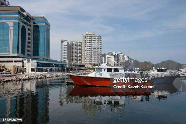 General view of marina and the buildings located near the beach front on August 10, 2021 in Santa Marta, Colombia.