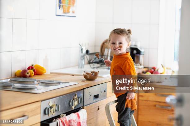 toddler boy is eating chocolate mousse in kitchen - scruffy stock pictures, royalty-free photos & images