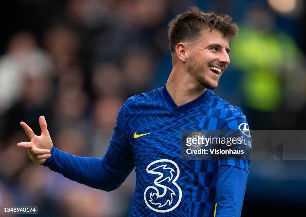 Mason Mount of Chelsea celebrates his third goal during the Premier League match between Chelsea and Norwich City at Stamford Bridge on October 23,...