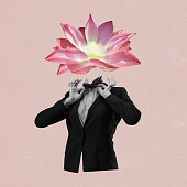 Modern design, contemporary art collage. Inspiration, idea, trendy urban magazine style. Man in business suit with flower instead head