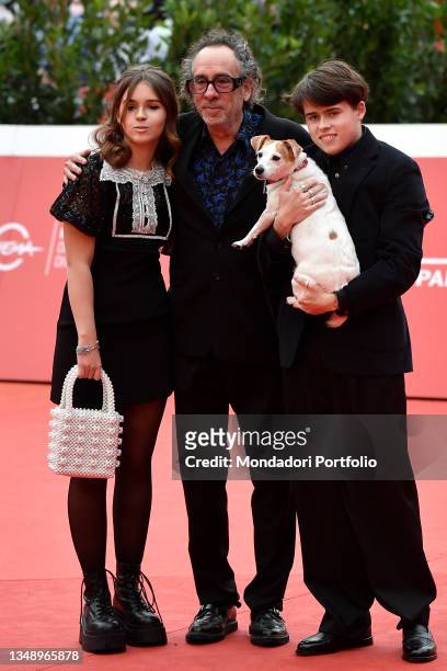American director Tim Burton and his sons Nell Burton, Billy-Ray Burton at Rome Film Fest 2021. Tim Burton Close Encounter Red carpet. Rome , October...