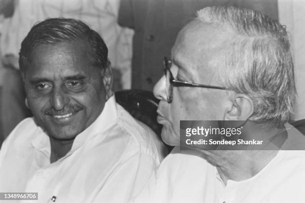 West Bengal Chief Minister Jyoti Basu with Samajwadi Party chief Mulayam Singh Yadav in New Delhi, India on May 14, 1996.