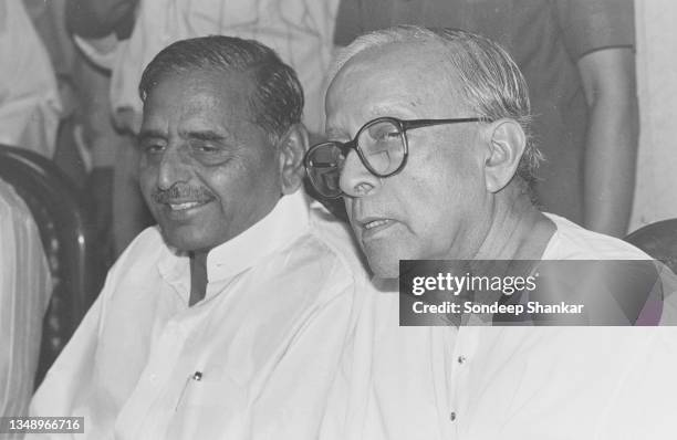 West Bengal Chief Minister Jyoti Basu with Samajwadi Party chief Mulayam Singh Yadav in New Delhi, India on May 14, 1996.