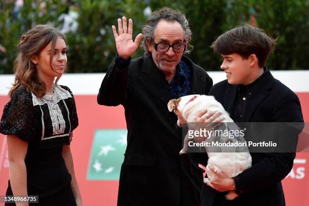 American director Tim Burton and his sons Nell Burton, Billy-Ray Burton at Rome Film Fest 2021. Tim Burton Close Encounter Red carpet. Rome , October...