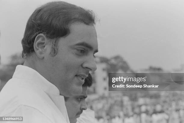 Congress General Secterary Rajiv Gandhi with his supporters at Ramlila Grounds in New Delhi to address a youth rally on April 13, 1983. (Photo by...