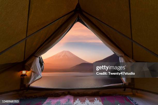 fuji mount view from inside the camping tent - japanese tents stock pictures, royalty-free photos & images