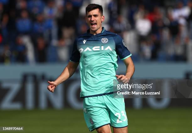 Ignacio Pussetto of Udinese Calcio shouts during the Serie A match between Atalanta BC and Udinese Calcio at Gewiss Stadium on October 24, 2021 in...