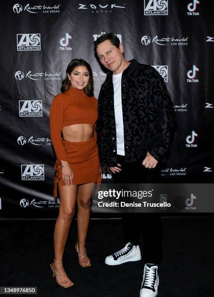 Hannah Ann Sluss and Tiesto arrive at Tiësto Experience in partnership with Resorts World Las Vegas, TikTok, Atlantic Records and Zouk Nightclub at...