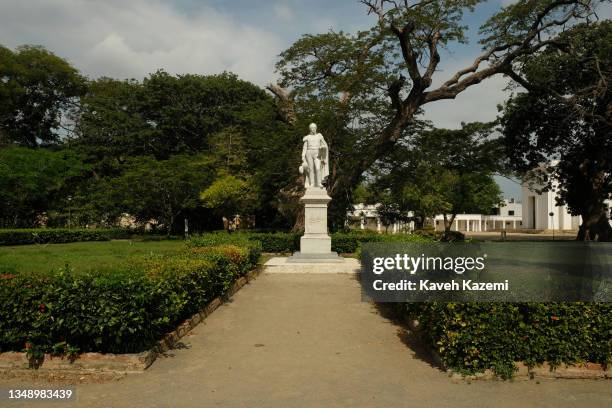 The statue of Simon Bolivar in the botanic garden of Quinta de San Pedro Alejandrino on August 11, 2021 in Santa Marta, Colombia.