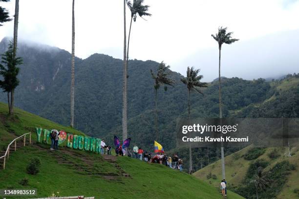 People enjoy a weekend day under tall palm trees in a tourist park on August 3, 2021 in Valle de Cocora, Colombia.