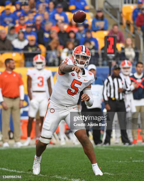 Uiagalelei of the Clemson Tigers attempts a pass during the game against the Pittsburgh Panthers at Heinz Field on October 23, 2021 in Pittsburgh,...