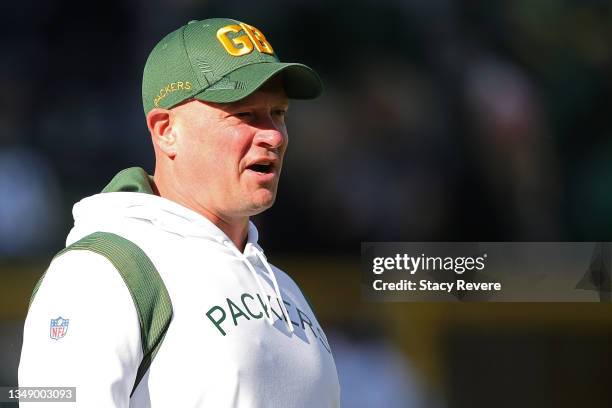 Offensive coordinator Nathaniel Hackett of the Green Bay Packers watches action prior to a game against the Washington Football Team at Lambeau Field...