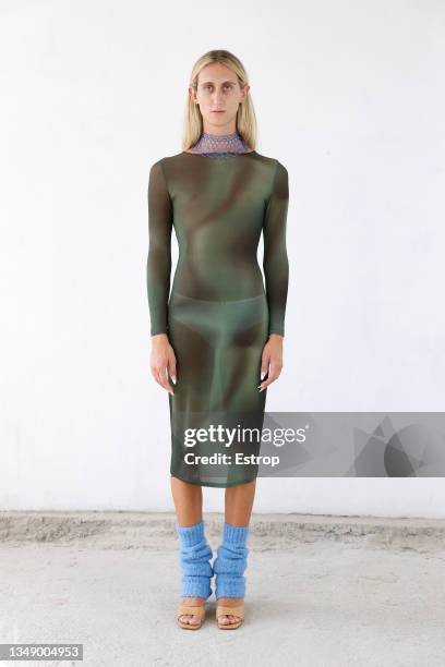 Model pose at the Paloma Wool show during Barcelona 080 Fashion Week Spring/Summer 2022 at Espai Xavier Corbero on October 25, 2021 in Barcelona,...