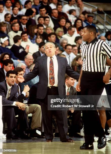 Villanova coach Rollie Massimino taunts the referee during a game against UConn, Hartford CT 1988.