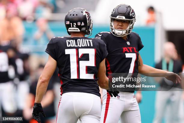 Younghoe Koo of the Atlanta Falcons celebrates with Dustin Colquitt after a field goal against the Miami Dolphins during the second quarter at Hard...