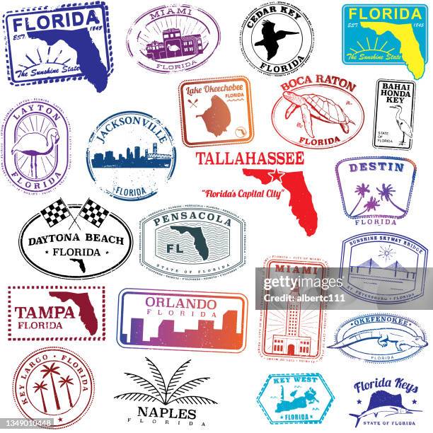 stockillustraties, clipart, cartoons en iconen met state of florida retro travel stamps - florida state v miami