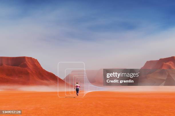 abstraktes bild einer frau, die in karger wüste rennt - augmented reality stock-fotos und bilder
