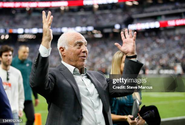 Owner Jeffrey Lurie of the Philadelphia Eagles reacts to fans before the game against the Las Vegas Raiders at Allegiant Stadium on October 24, 2021...