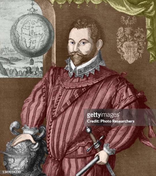 Colorized illustration depicts English explorer Sir Francis Drake , circa 1577.