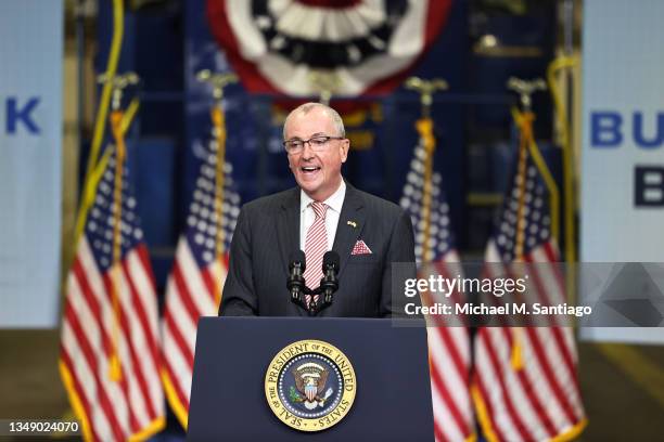 Gov. Phil Murphy speaks about President Joe Biden's Bipartisan Infrastructure Deal and Build Back Better Agenda at the NJ Transit Meadowlands...