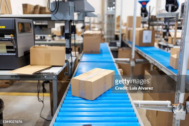 cardboard boxes on conveyor at a distribution warehouse packing line - conveyor belt imagens e fotografias de stock