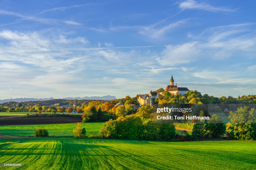 Klosterberg Andechs in front of the Bavarian Alps and Zugspitze
