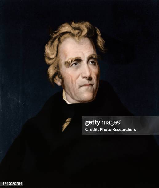 Colorized illustration depicts American politician and US President Andrew Jackson .