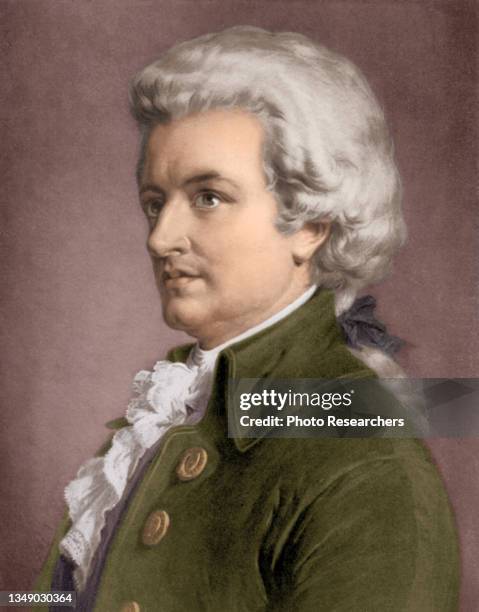 Colorized illustration depicts Austrian composer and musician Wolfgang Amadeus Mozart , eighteenth century.