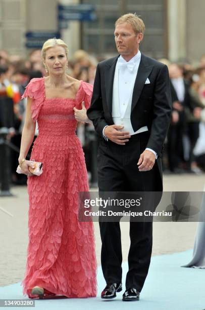 Anna Westling Blom and partner Mikael Soderstrom attend the wedding of Crown Princess Victoria of Sweden and Daniel Westling on June 19, 2010 in...