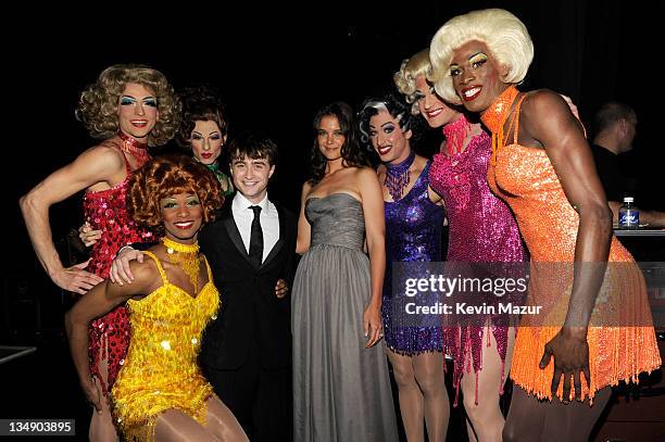 Daniel Radcliffe, Katie Holmes and cast of "La Cage Aux Folles" backstage at the 64th Annual Tony Awards at Radio City Music Hall on June 13, 2010 in...