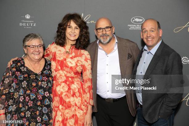 Danielle Fichaud, Valerie Lemercier, Sylvain Marcel and Antoine Vezina attend "Aline" premiere at Le Grand Rex on October 25, 2021 in Paris, France.