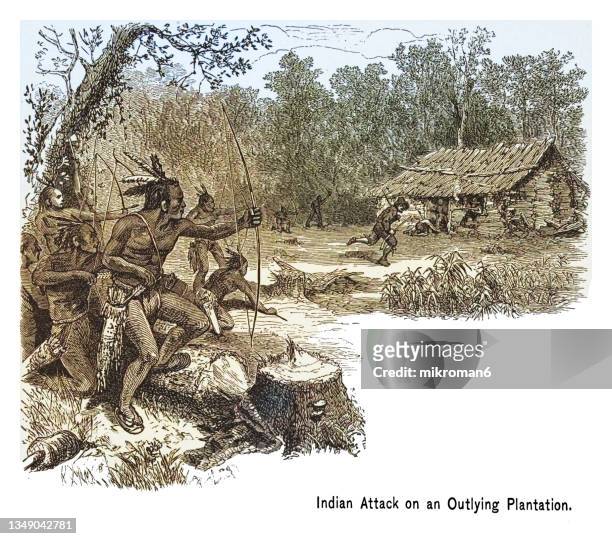 old engraved illustration of indian attack on an outlying plantation - pilgrims and indians stockfoto's en -beelden