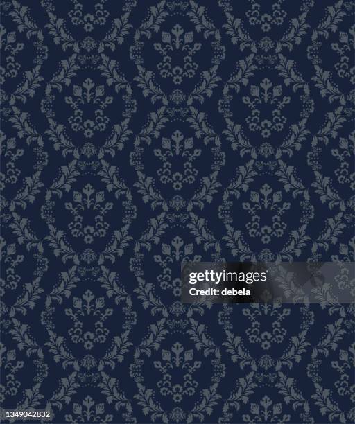 dark blue victorian damask luxury decorative fabric pattern - royal background stock illustrations