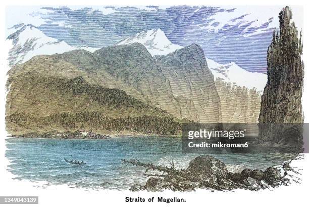 engraving illustration of strait of magellan, straits of magellan, - fernão de magalhães - fotografias e filmes do acervo
