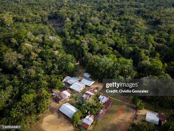 Aerial view of a community of indigenous Ticuna in the Amazon during a tour around the city July 4, 2021 in Amazonas, Colombia.