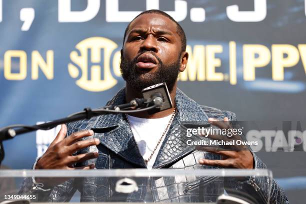 Floyd Mayweather speaks during a press conference, ahead of the WBA Lightweight Championship fight between Gervonta Davis and Rolando Romero on...