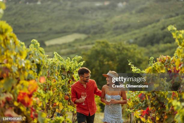 paar, das ein glas wein genießt, während es einen weinberg erkundet - vineyards stock-fotos und bilder