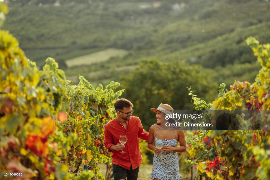 Pareja disfrutando de una copa de vino mientras explora un viñedo