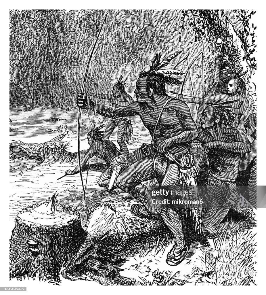 Old engraved illustration of Indian attack settlers