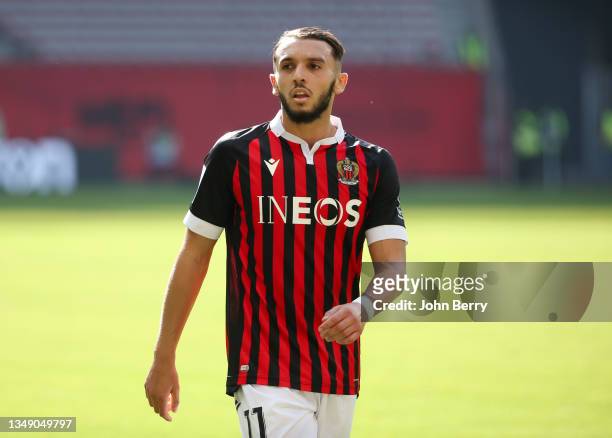 Amine Gouiri of Nice during the Ligue 1 Uber Eats match between OGC Nice and Olympique Lyonnais at Allianz Riviera stadium on October 24, 2021 in...