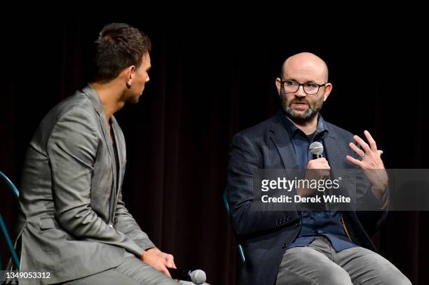 Moderator Sam Lansky and Director Robert Greene speak onstage during the Q&A for "Procession" during the 24th SCAD Savannah Film Festival on October...