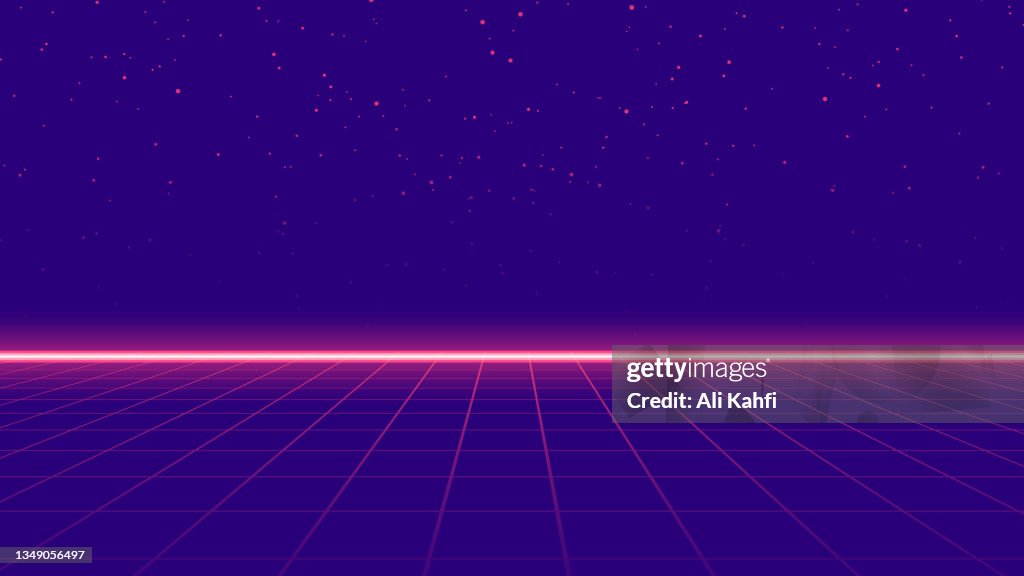 Retro Style landscape with blue grid background